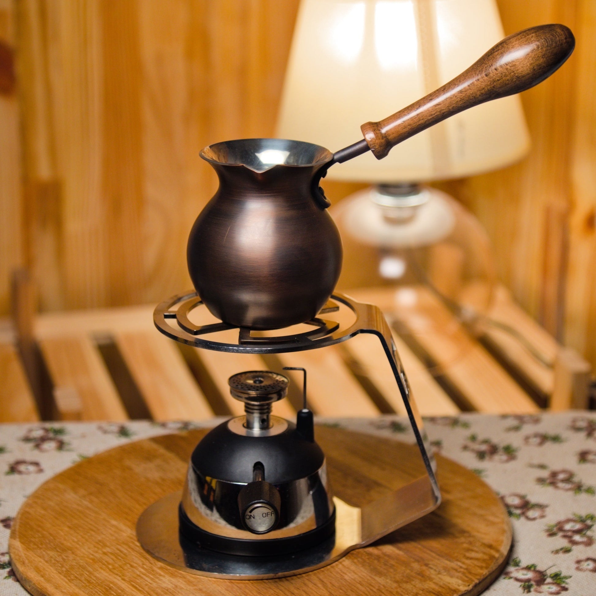 Ball shaped turkish coffee pot patina wooden handle for 1-2 persons on the stand with the micro burner
