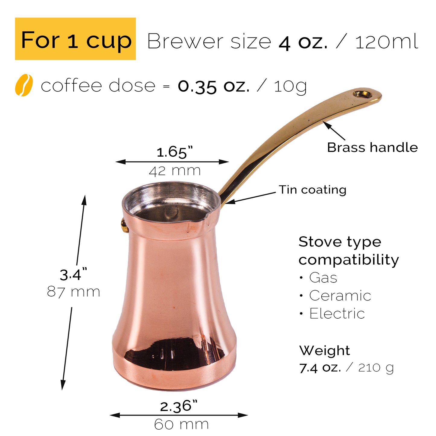 Turkish coffee pot 120 ml - Copper (for 1 cup) - classic