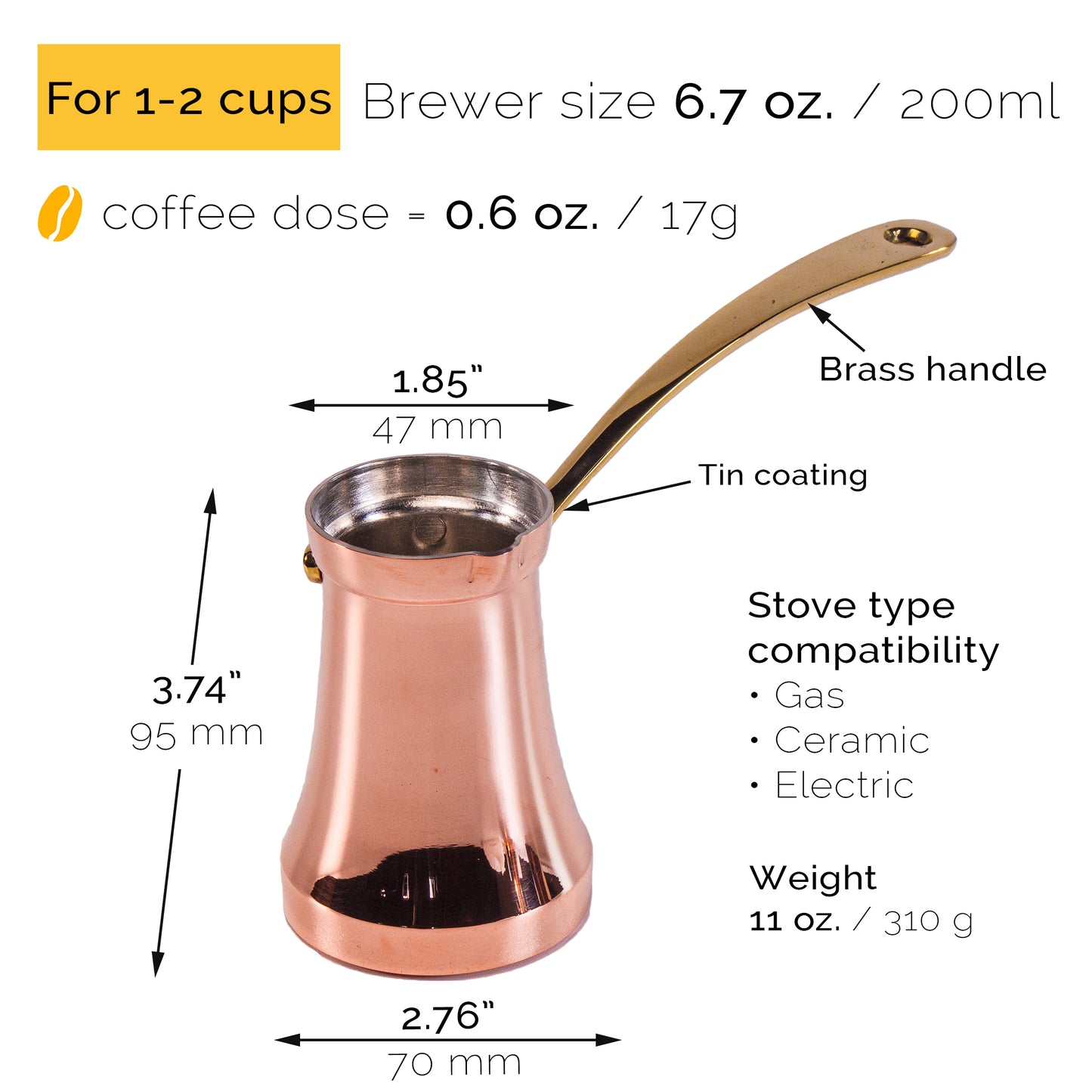 Turkish coffee pot 200 ml - Copper (for 1-2 cups) - classic