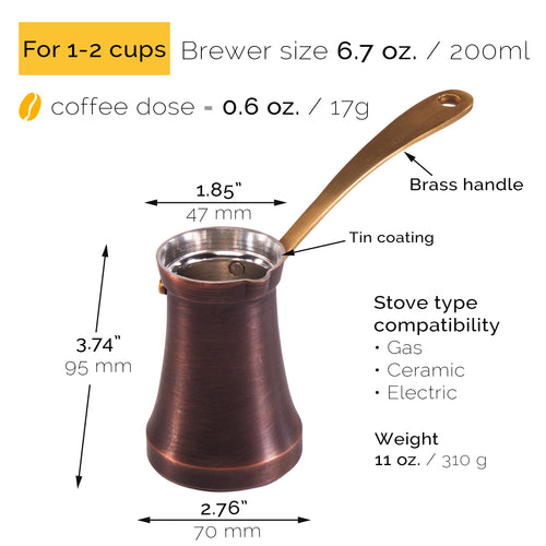 Copper coffee brewer with measurements and specifications on a white background