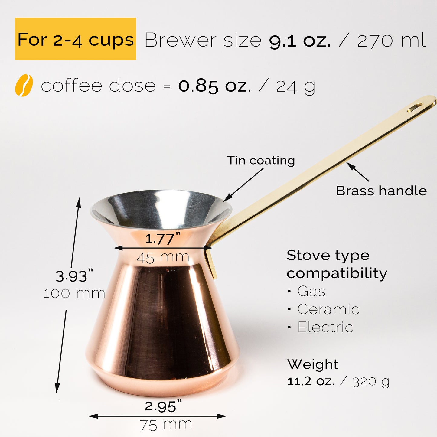 Turkish coffee pot 270 ml - Copper (for 2-3 cups) - classic