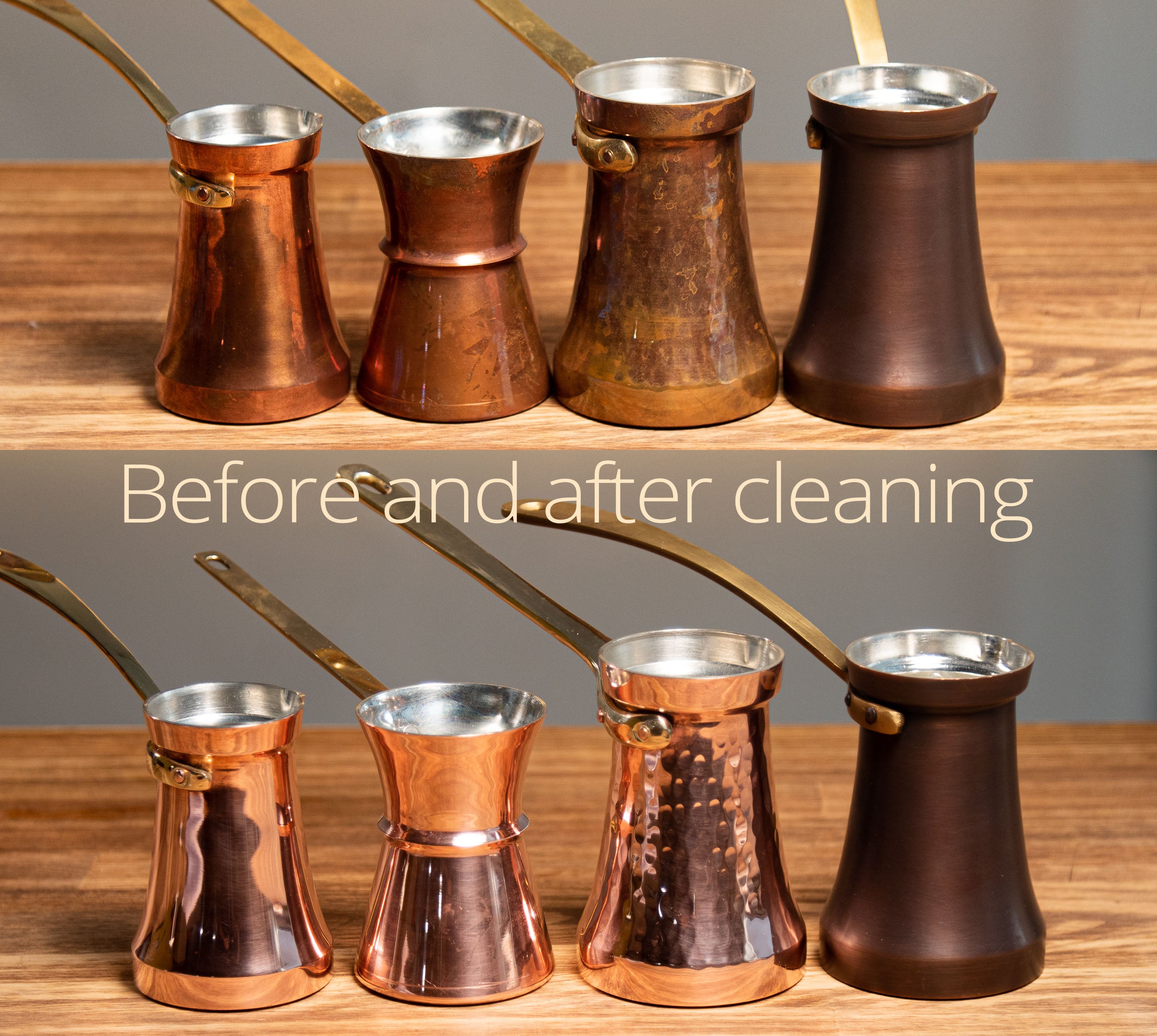Before and after cleaning comparison of copper pots on a wooden surface.