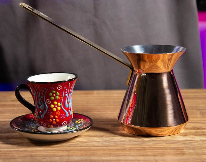 Turkish coffee pot size comparison with the cup
